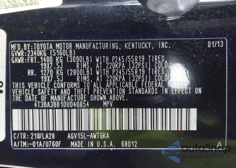 2013 Toyota Venza Xle from USA, damaged, VIN 4T3BA3BB1DU040854